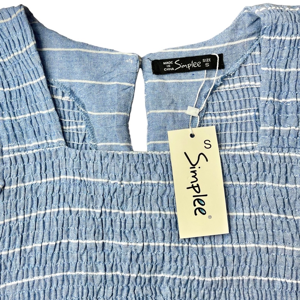 Simplee Linen Striped Smock Midi Dress‎ w/ Ruffled Cap Sleeve & 2 Pockets - Picture 8 of 9